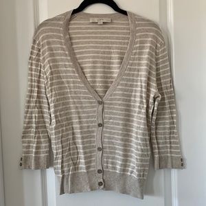 LOFT 100% Pima Cotton Deep V-neck Striped Cardigan Sweater Size MP